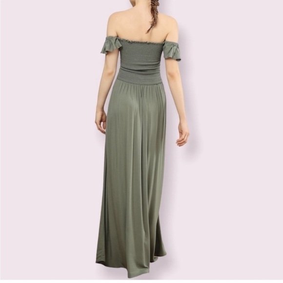 Young Fabulous & Broke Frida Green Smocked Off The Shoulder Maxi Dress Medium - Picture 2 of 11